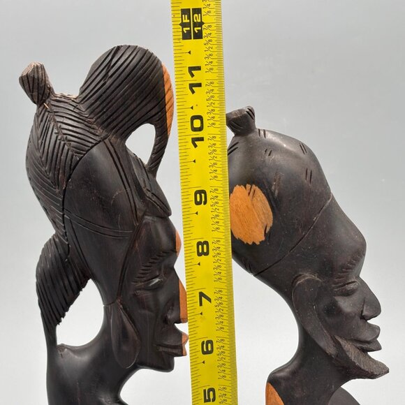 Vintage Hand Carved African Wooden Figurines Pair Tribal Bust Sculptures Wood - Picture 7 of 8
